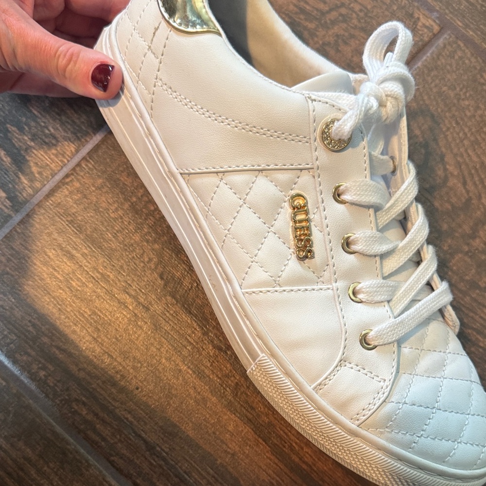 Guess Women's Quilted White and Gold Sneakers - Picture 2 of 6